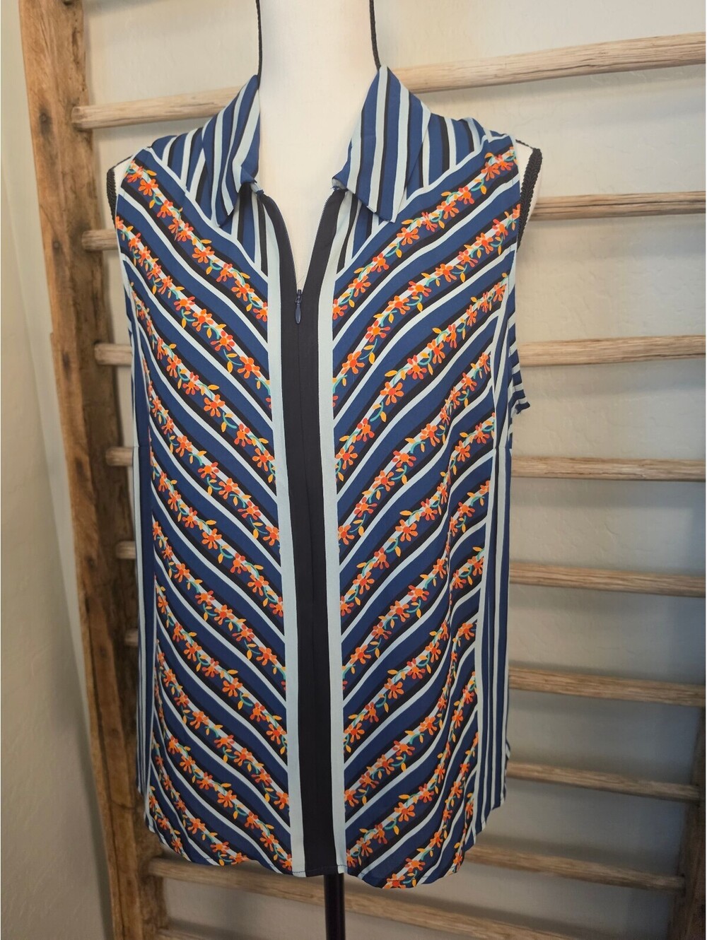 cabi Sleeveless Floral Stripe Blouse Top Large